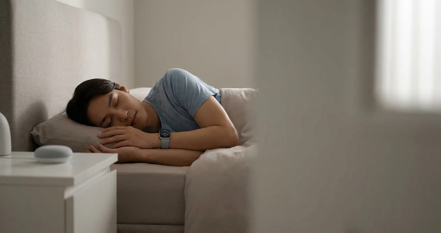 Person checking a smartwatch sleep apnea notification in bed